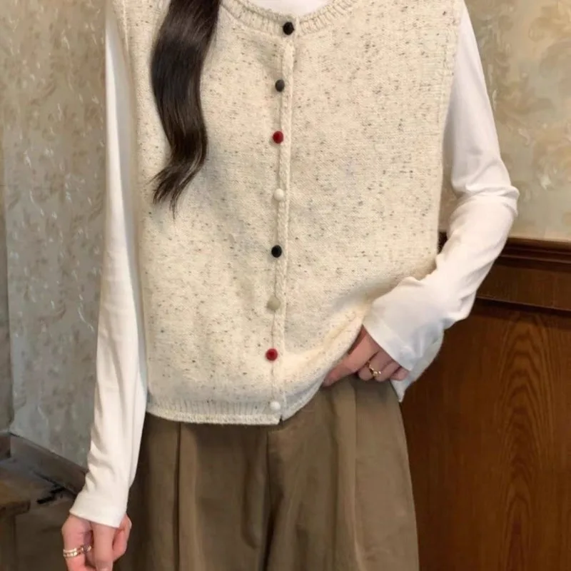 Women's 2026 Autumn Winter New Multicolor Button Knit Cardigan Vest Sleeveless Thick Warm Layering Korean Vintage Chic Cozy Top