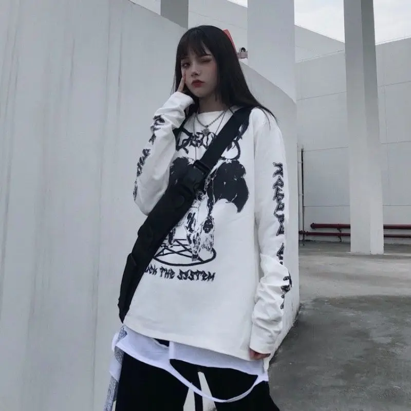 Gothic Punk Long Sleeve Tshirt Satan Demon Print Metal Rock Streetwear Y2K Oversized Top