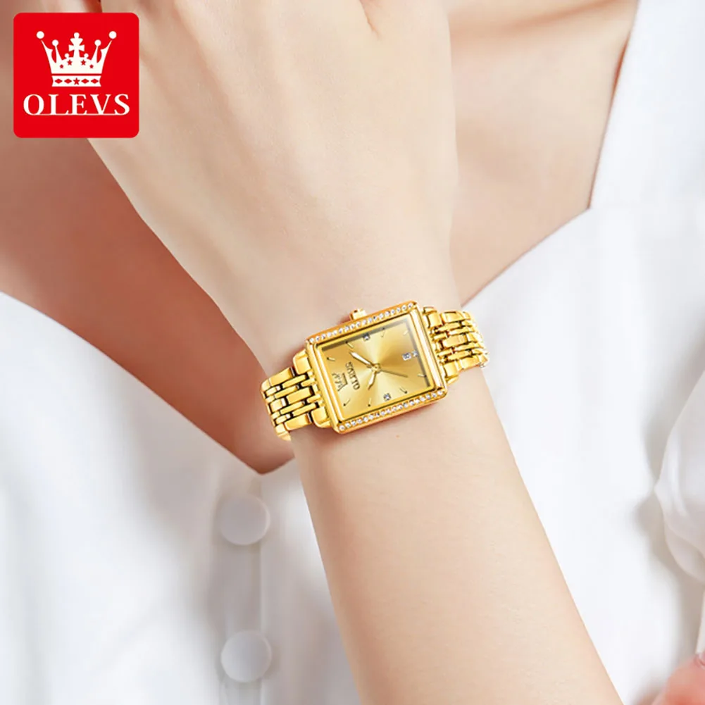 OLEVS 9995 reloj de cuarzo dorado de acero inoxidable para mujer, reloj de pulsera de lujo Rectangular resistente al agua luminoso para mujer con fecha de diamante