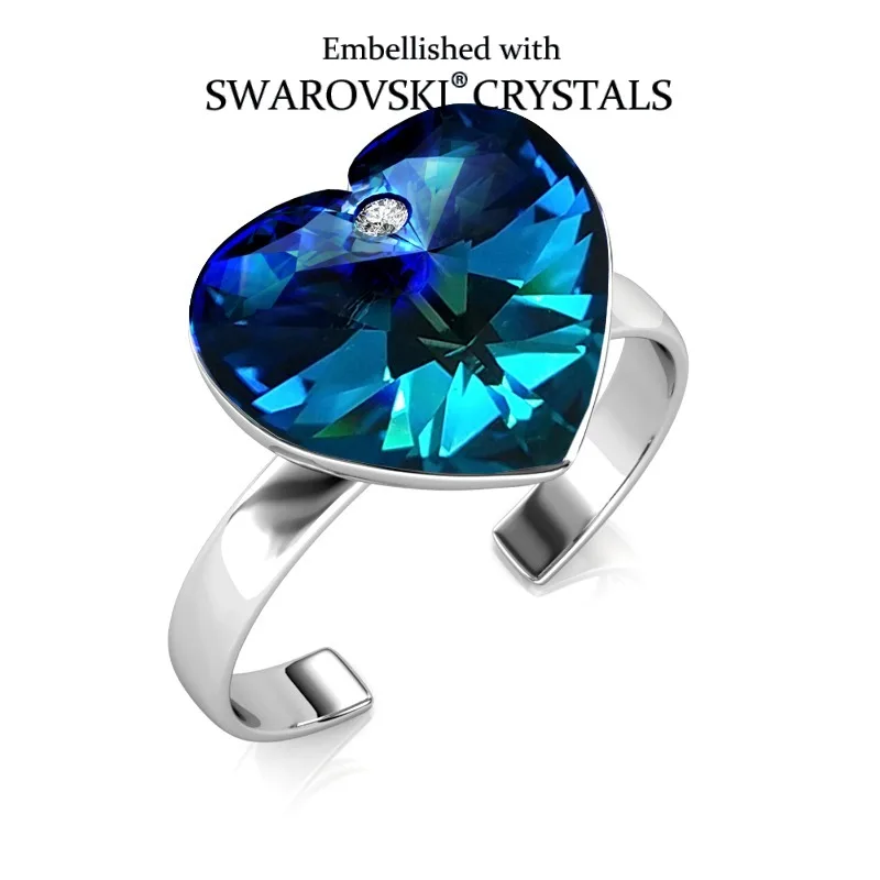 Daisini Blue/Pink Heart Austrian Crystal From Swarovski Open Size Rings for Women Girl Lovely Jewelry Birthday Party Gifts