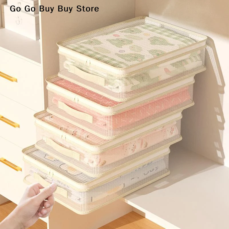 【S】4 Pack Transparent Mesh Clothing Storage Bins Zipper Closure Handle For Wardrobe Bedding Storage