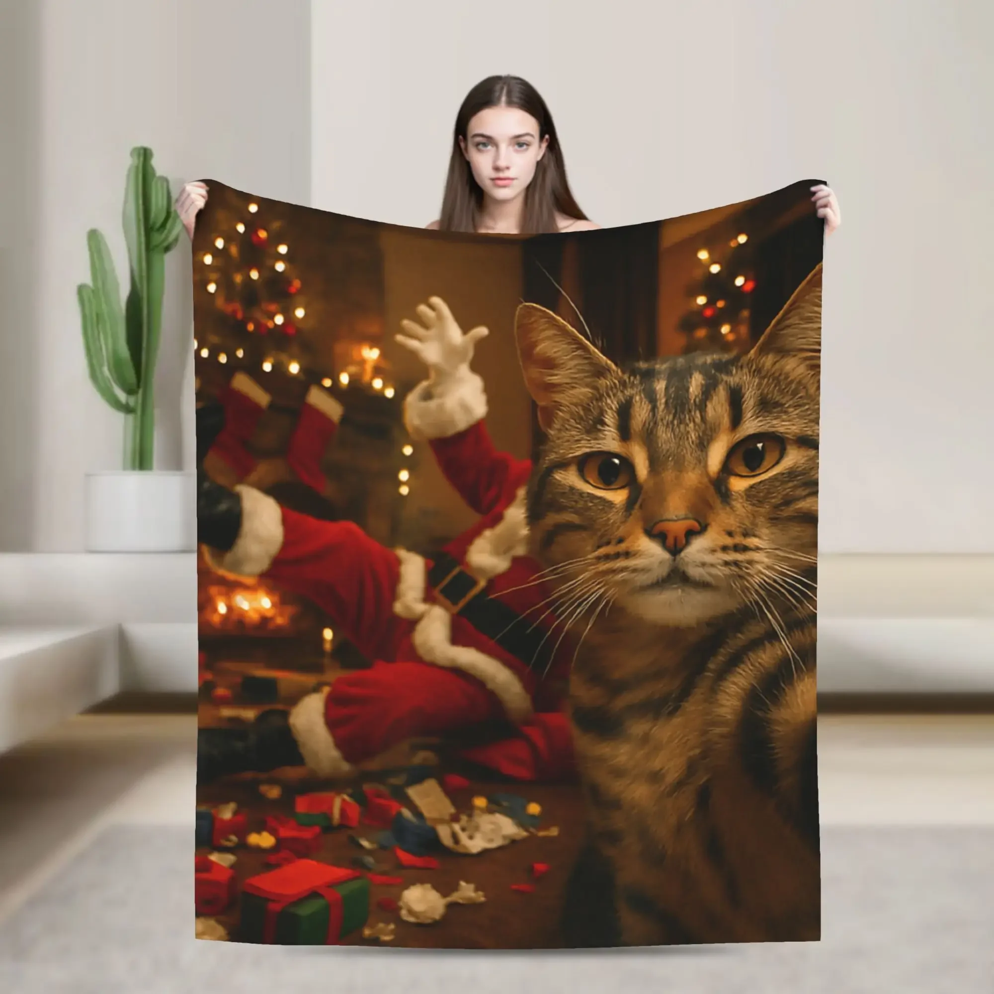 

Новогодний плед с котом, снимающим селфи с Санта-Клаусом, очень теплый, для зимы, для детей, для улицы, забавное покрывало