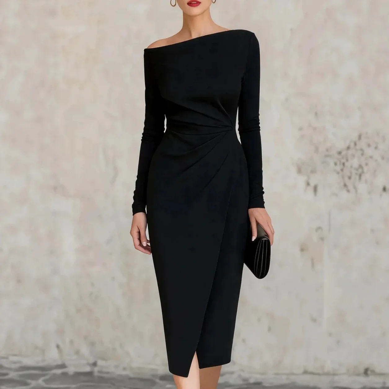 Pleated Long Sleeve Gown Pencil Skirt Elegant with Office Style Mid Waist Patchwork Pleated Dress Mid Length Autumn for Women