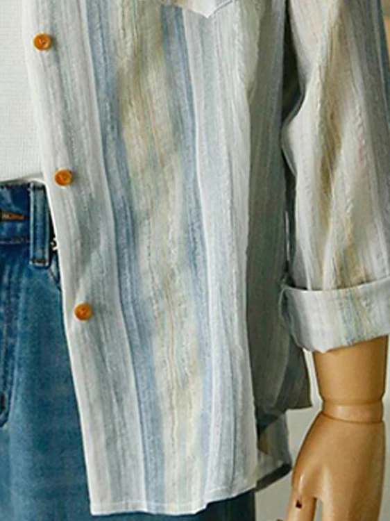 Summer Faion Dünne, reine Baumwolle, atmungsaktiv, lang, für Damen, Irt, Sonnenschutz, gestreift, Retro-Design, Pendeln, Knopfleiste