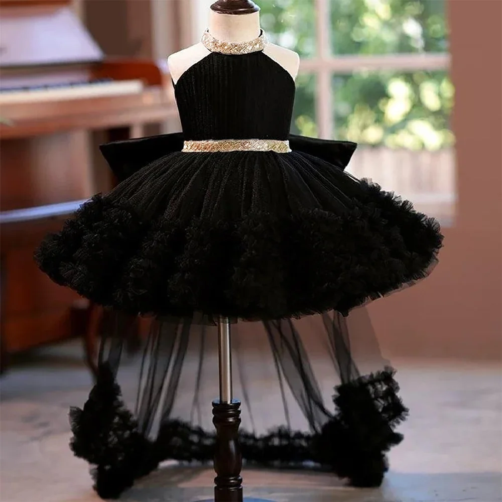 Kids Lace Fluffy Evening Princess Gown Elegant Girl Fashion Birthday Tutu Dresses Baby Girls Trailing Tail Black Party Dress