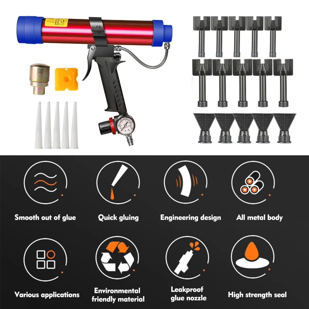 Adjustable Pneumatic Glass Glue Gun Air Rubber Gun Tool 310ml Hard Glue Sealant Applicator Caulking Gun Tool with Plastic Cones