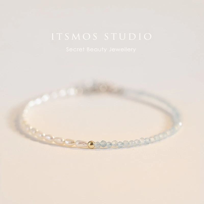 ITSMOS Natural Aquamarine Bracelet 2mm Faceted Small Pearl Bracelet Light Blue Love&Peace Jewelry for Women Gift