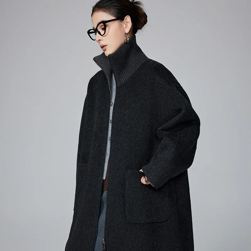 UMI MAO Knitted Stand Collar Patchwork Double-Sided Cashmere Coat Women Autumn Minimalist Style Long Jacket Female Overcoat