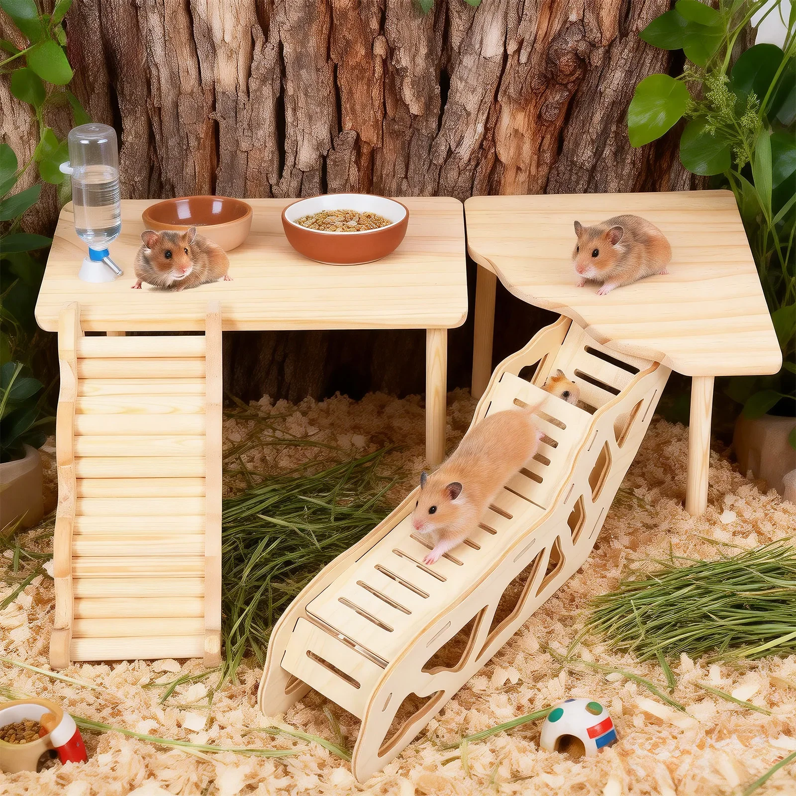 

Набор из 4-х деревянных платформ для хомяков: игрушка-лазалка с тоннелем-рампой и укрытием, зона отдыха для мелких животных, аксессуары для клетки хомяка
