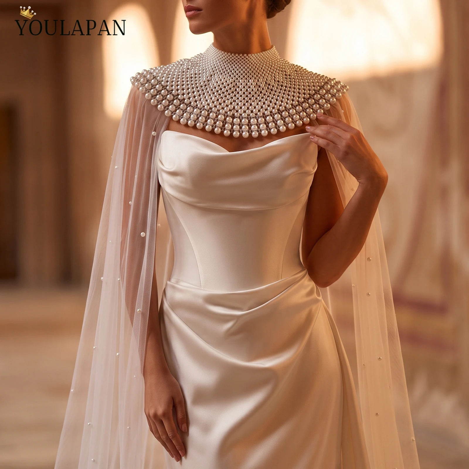YouLaPan Bridal Bolero Cape Pearl Beaded Tulle Sheer Bride Wrap Cover Up Floor Length Capa De Novia Wedding Accessories Vg154