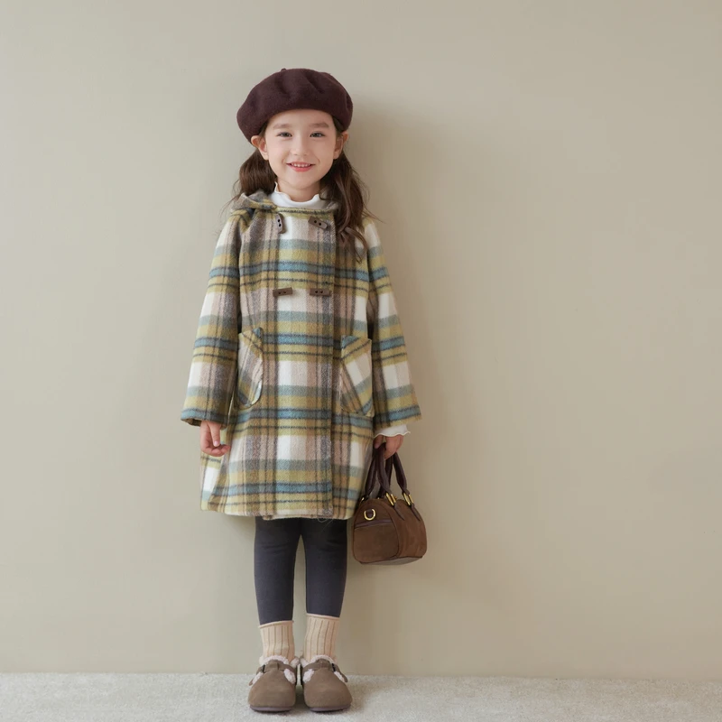 

Coats for Girls Statue Outerwear Child Winter Fur Kids Autumn Clothes Junior Woolen Plaid Fabric Trench Length Tricorne 4-12Y