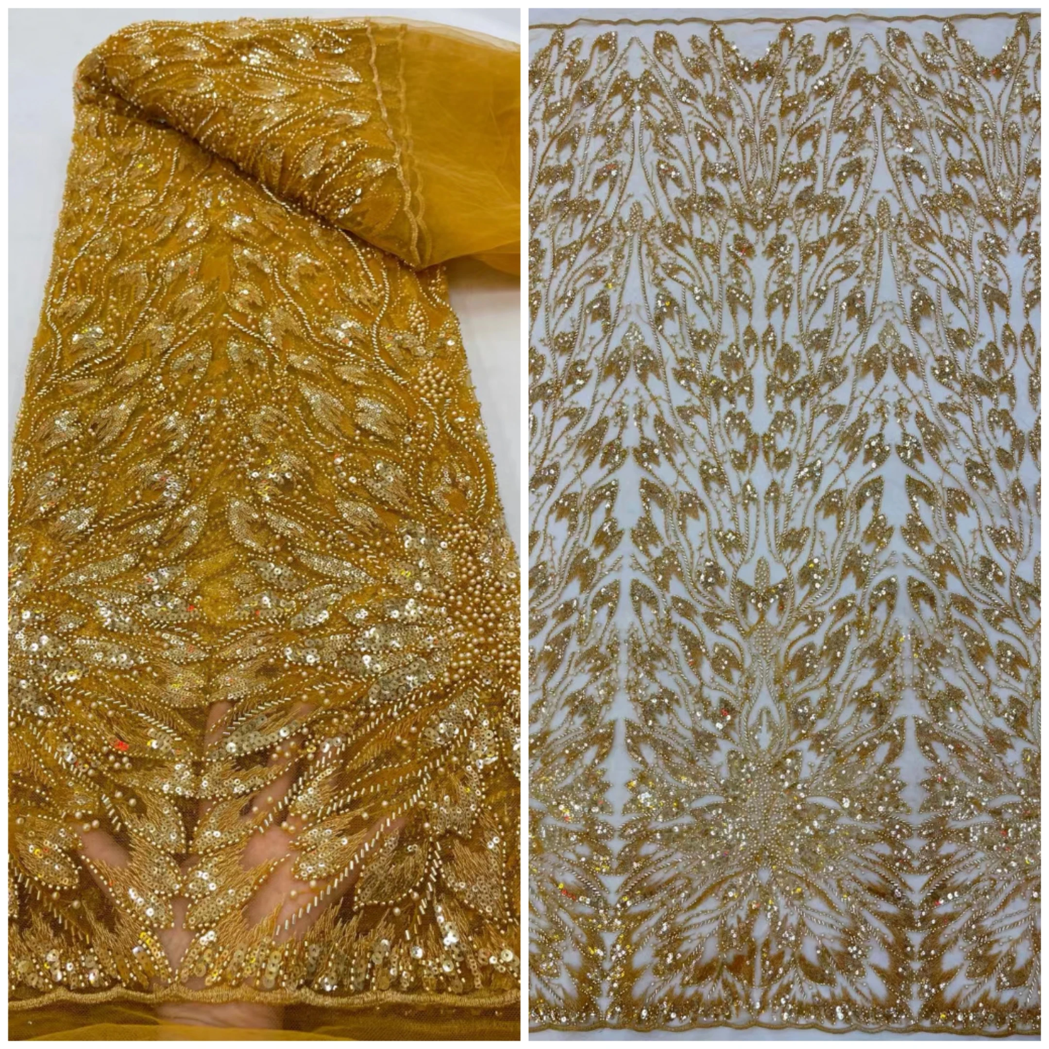 New Heavy Gold Color Sequins  Nigerian Lace Fabric 31JRB-10211 French Embroidered  Material for Lady Fashion Show or Party Dress