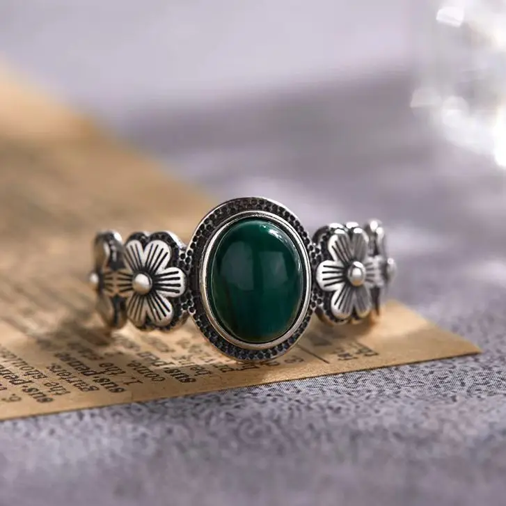 

Кольцо из стерлингового серебра 925 пробы с малахитом в винтажном стиле с потертостями, инкрустация драгоценными камнями натурального цвета, женское регулируемое кольцо