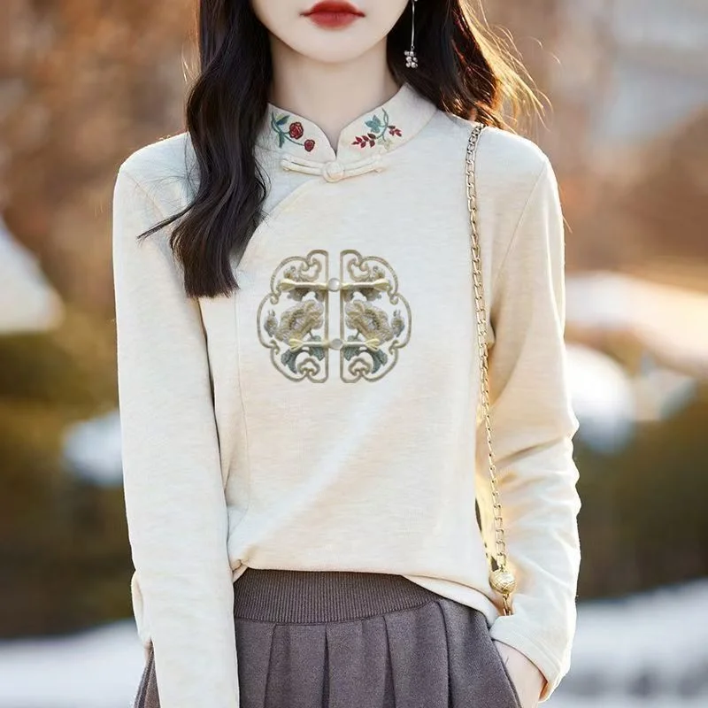 

Новая осенне-зимняя двусторонняя немецкая бархатная женская рубашка с вышитым принтом, свободная тонкая нижняя рубашка, китайская вертикальная