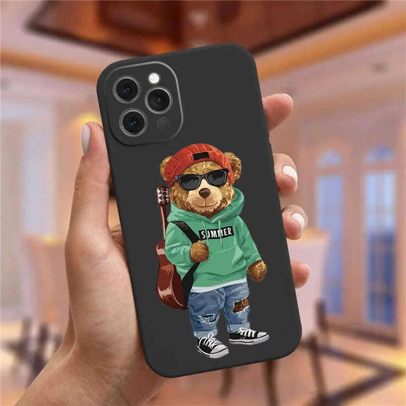 Fashion Brand Bear Phone Case For iPhone 16 Pro 11 12 13 14 15 Pro Max XR XS Max 16Plus Cute Black frosted Cover Trend Fundas