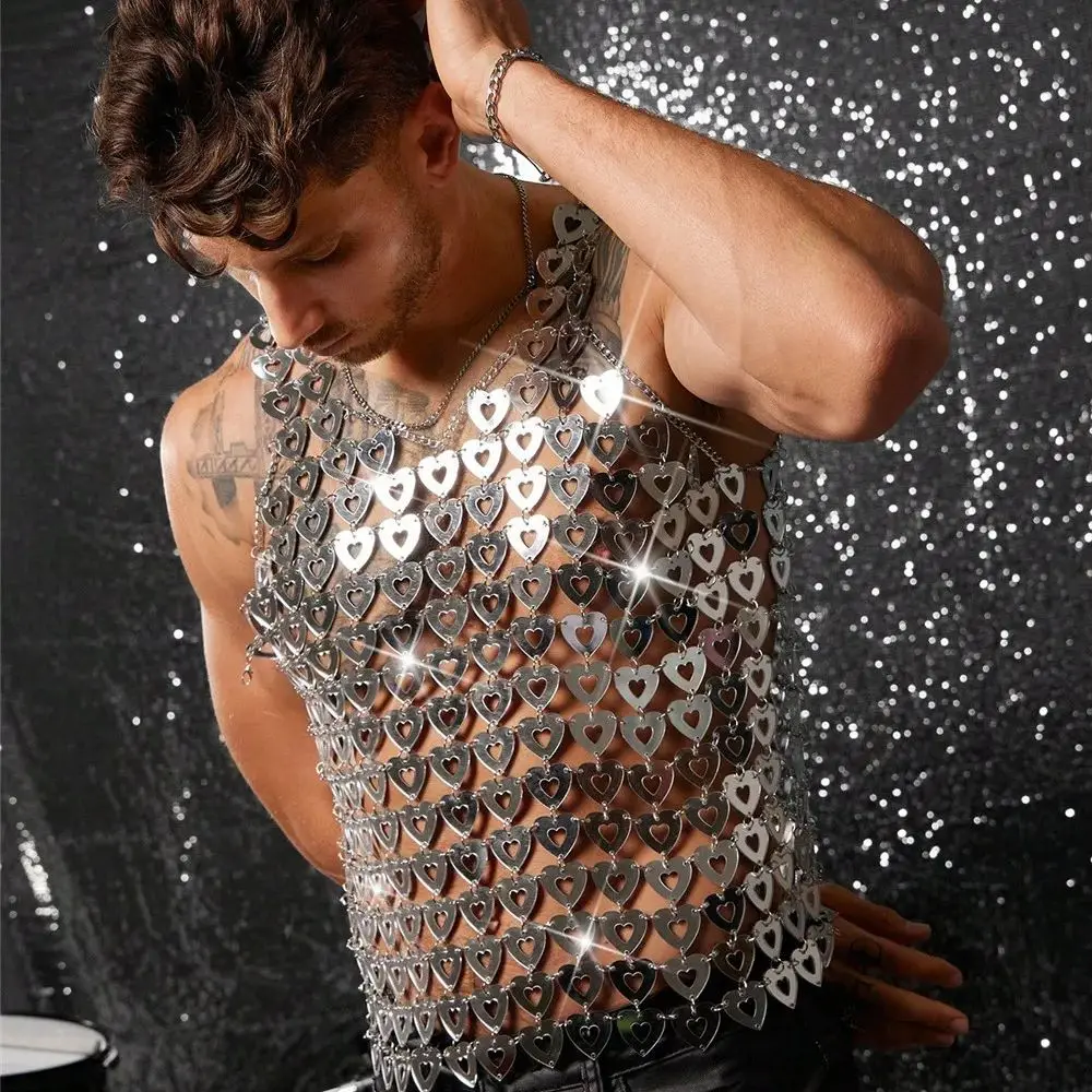 

Новинка 2025 года, акриловый жилет с зеркальной отделкой в форме сердца, сексуальный топ с перекрестной спиной, сценический костюм для ночного клуба, праздничный наряд для мужчин