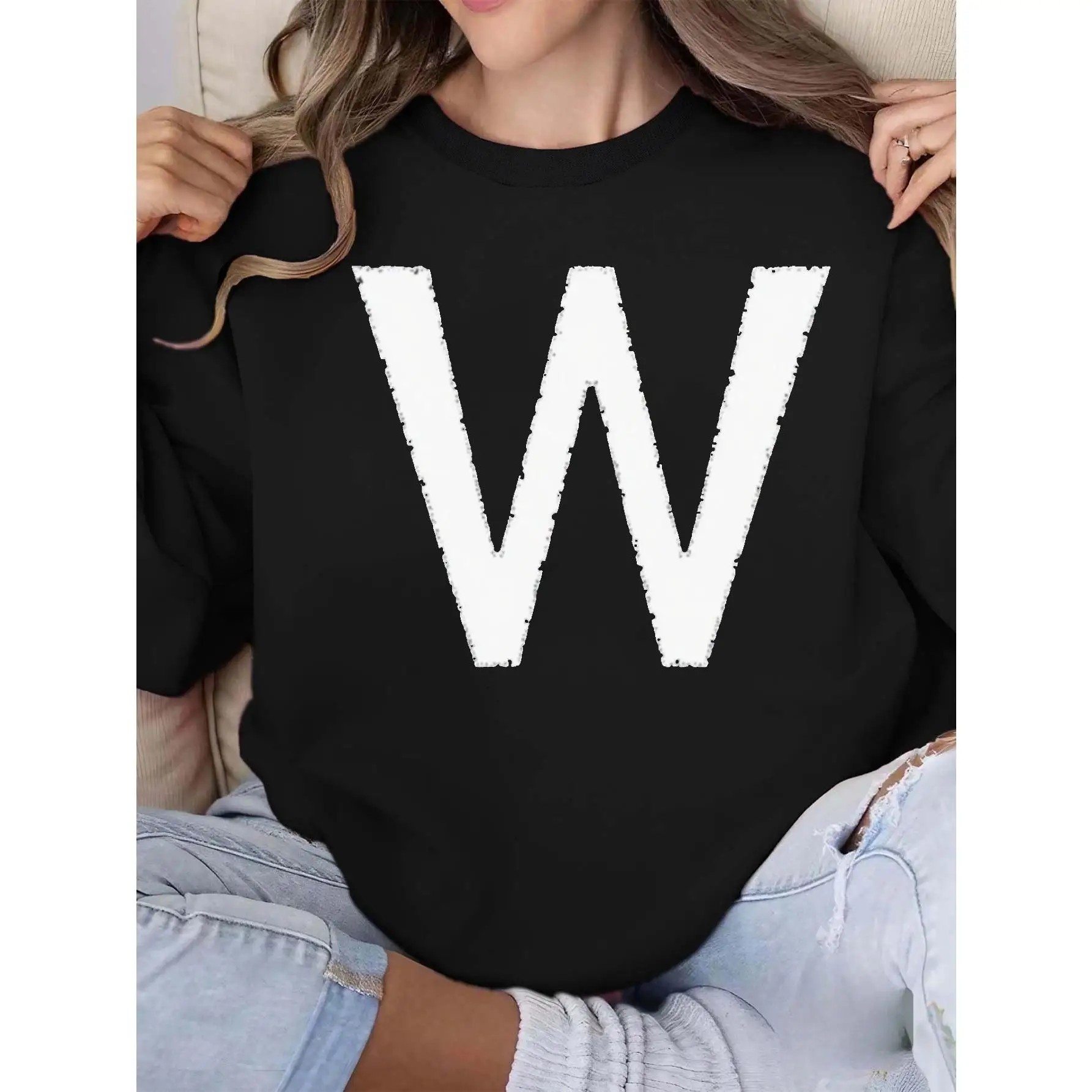 

W Letter Print Sweatshirt for Women, Oversized Crewneck Pullover, Personalized Initial Jumper, Casual Streetwear, Unisex Style