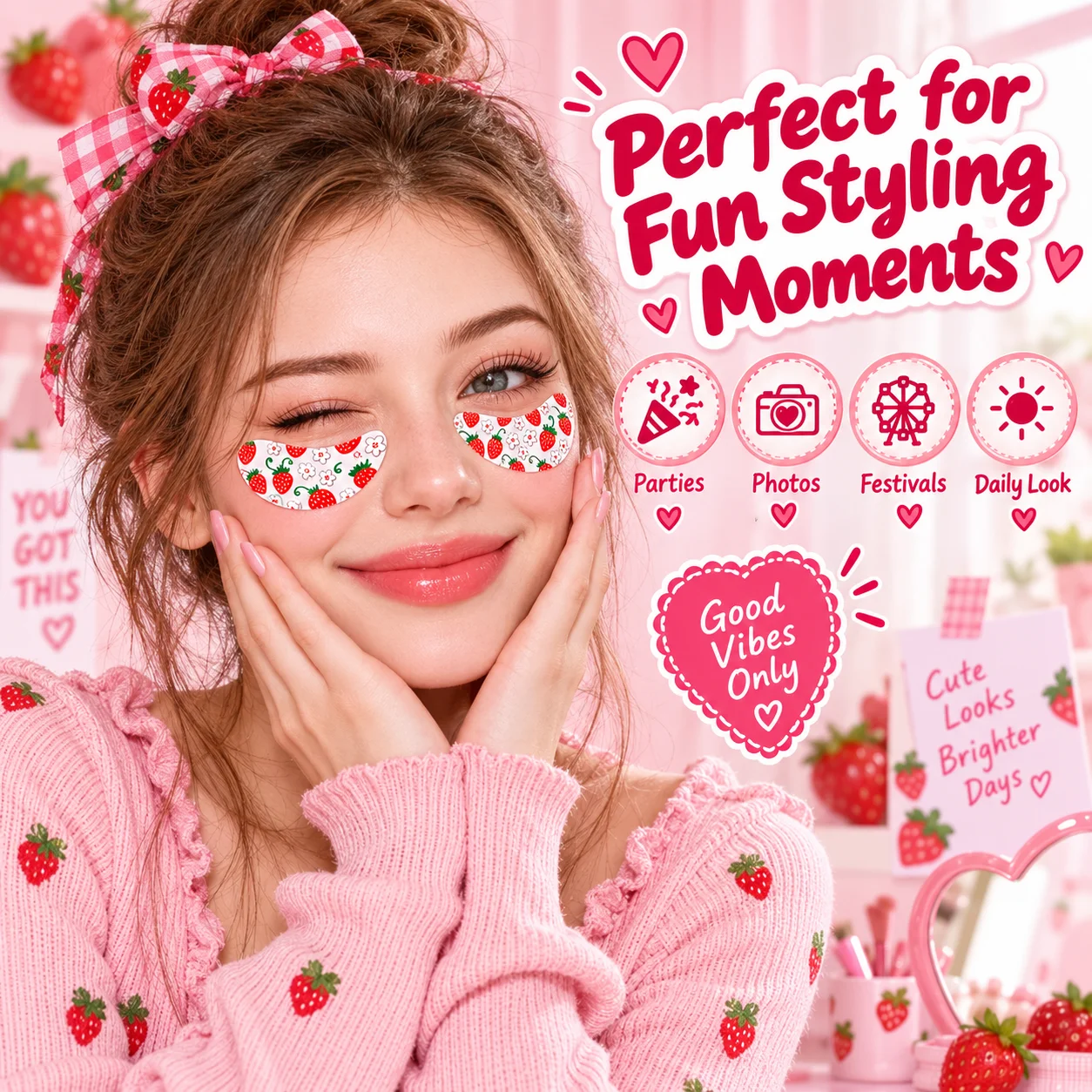 4PCS Strawberry Under Eye Stickers, Cute Kawaii Eye Patches, Sweet Fruit Print Face Makeup Decorations for Girls Party Photos