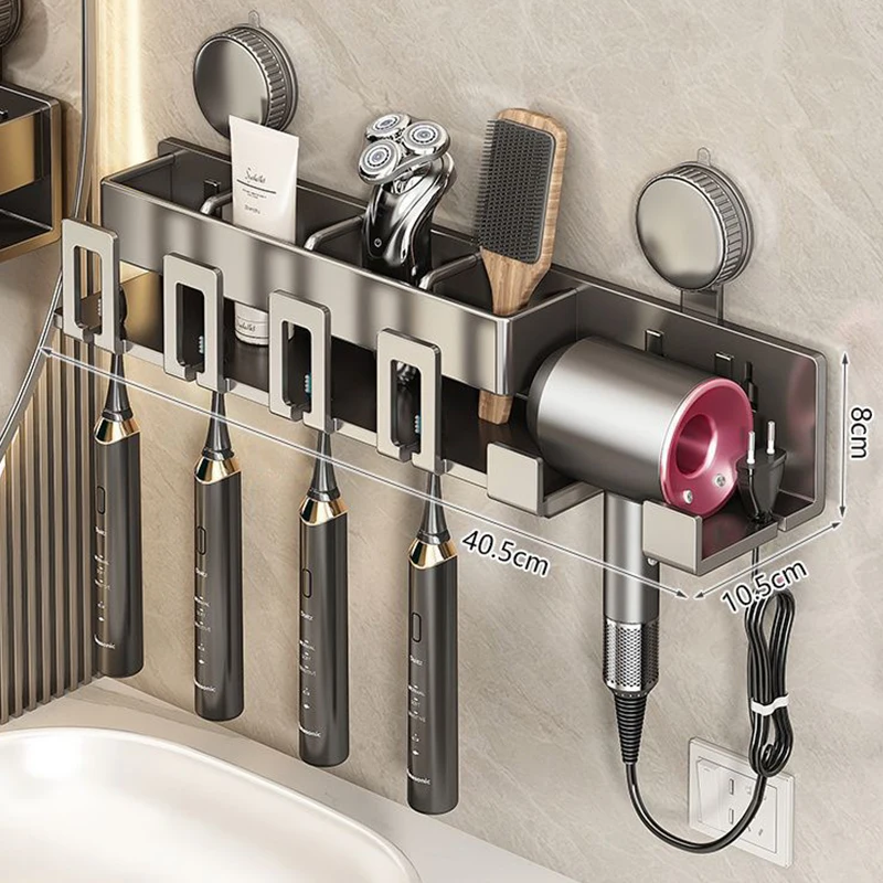 Suction Cup Type Toothbrush Holder Multifunctional Bathroom Storage Rack Aluminium Alloy Hair Dryer Rack Bathroom Accessories