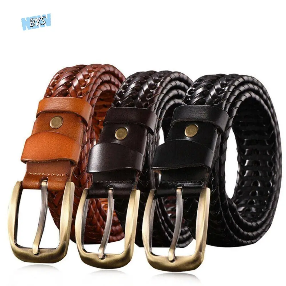 

Adjustable Alloy Men Weave Belt Wide Square Buckle Male Genuine Leather Belt Brown Black Jeans Waistband Ornament