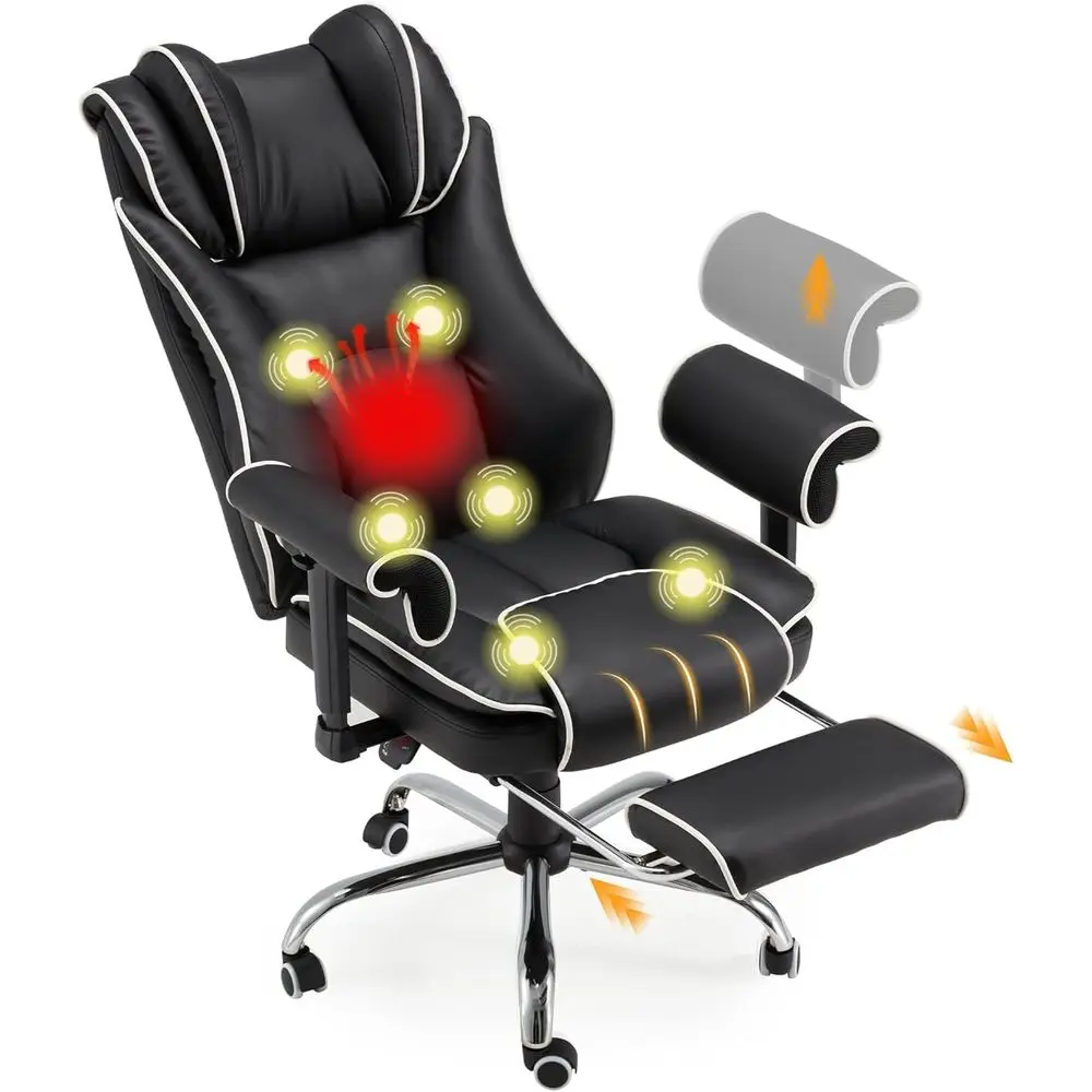 

Ergonomic Reclining Massage Chair with Heat and Adjustable Armrests, High-Back Desk Chair for Home or Office, Black and White