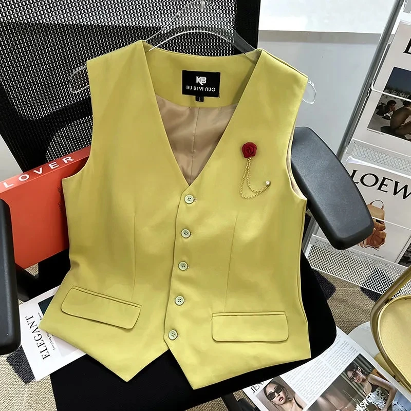 

New V-neck Single Breasted Solid Color Suit Vest Women Slim Short Fashion Asymmetrical Thin Sleeveless Coat Vest Temperament