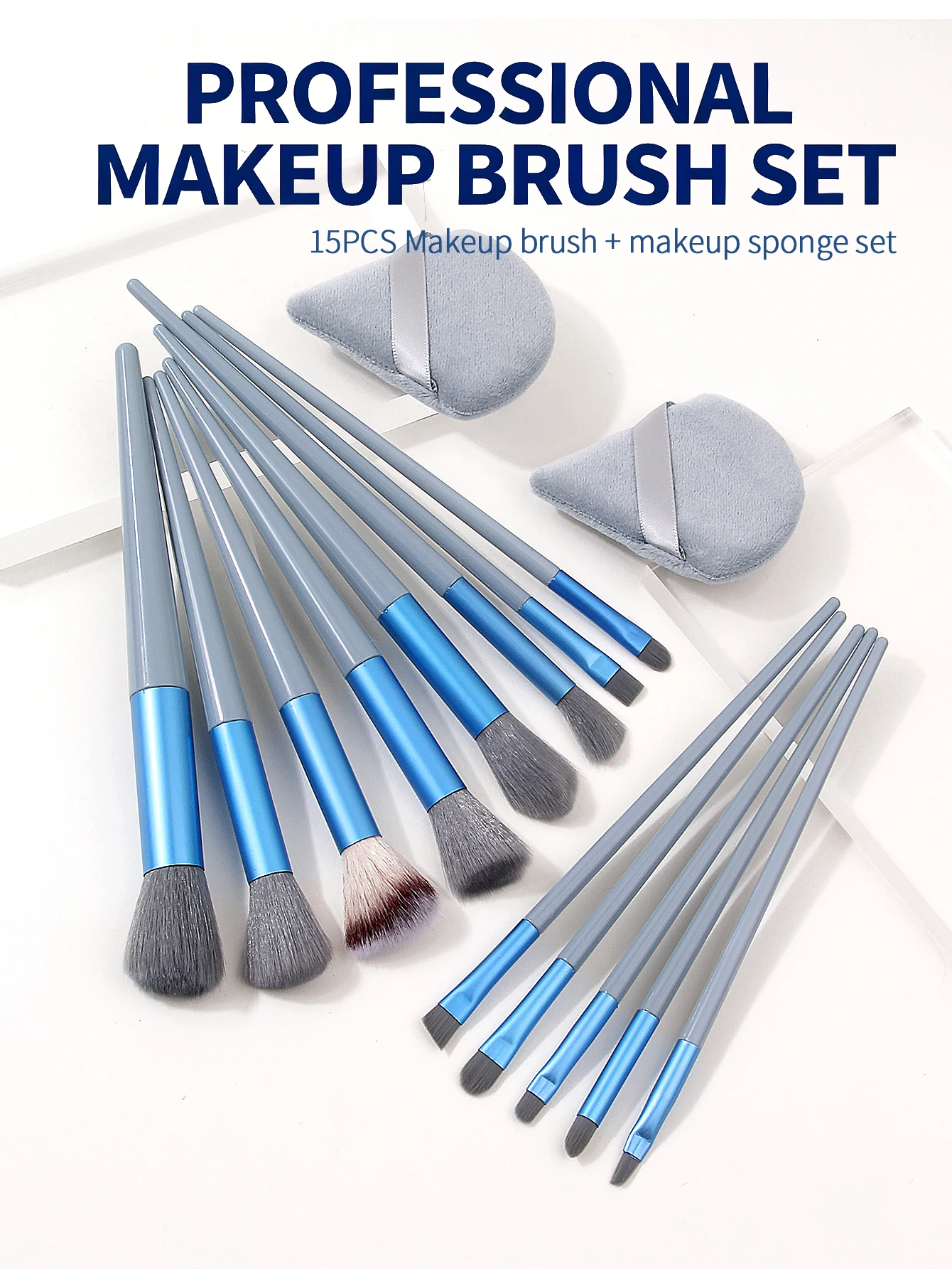 15Pcs Professional Makeup Brushes, Soft Synthetic Blue-Gray Handles, Complete Face & Eye Makeup Brush Set with 2 Triangle Powder