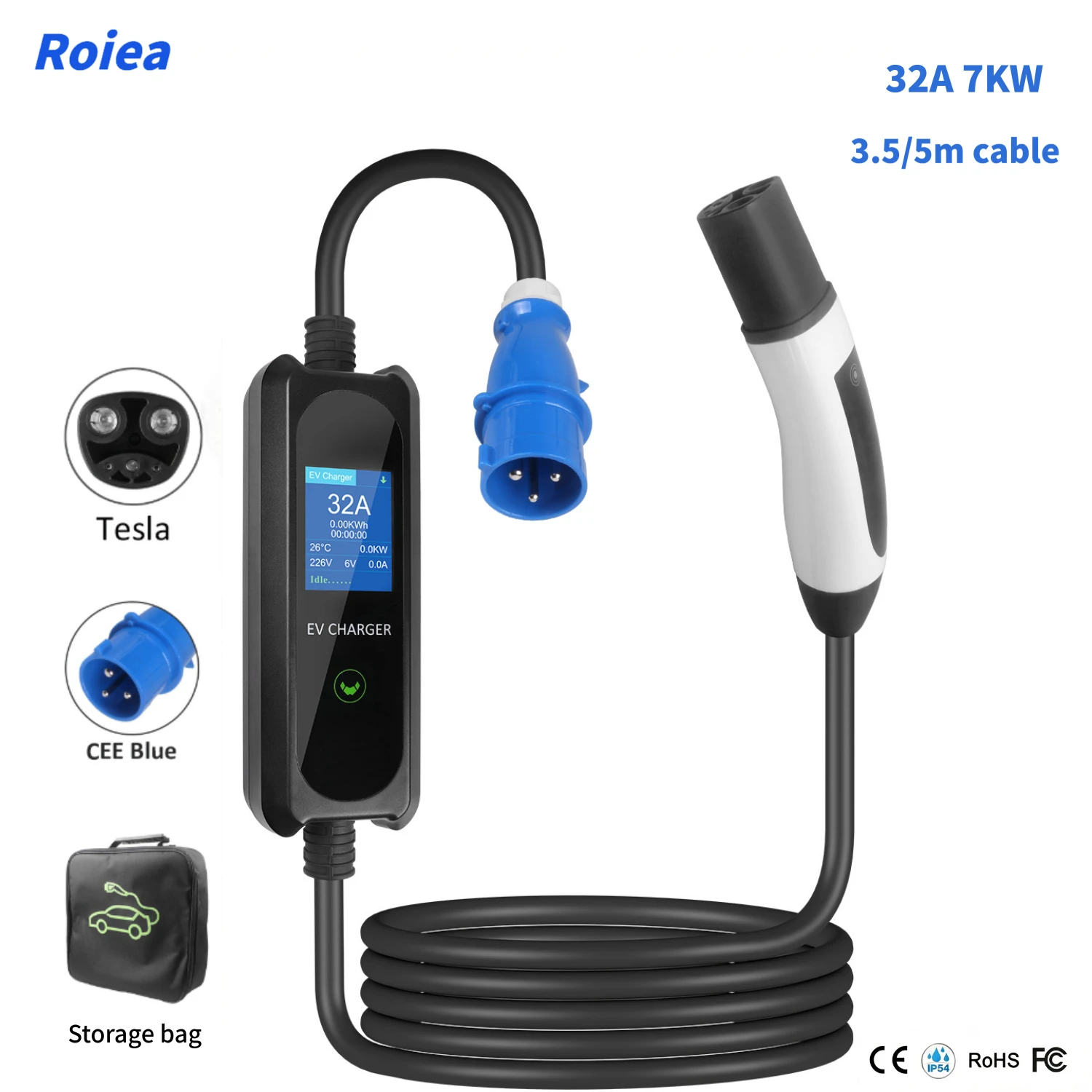32A Portable EV Charger for Tesla 7kW with CEE Industrial Plug LCD Display & Adjustable Current Cable 3.5m/5m with Tesla Models