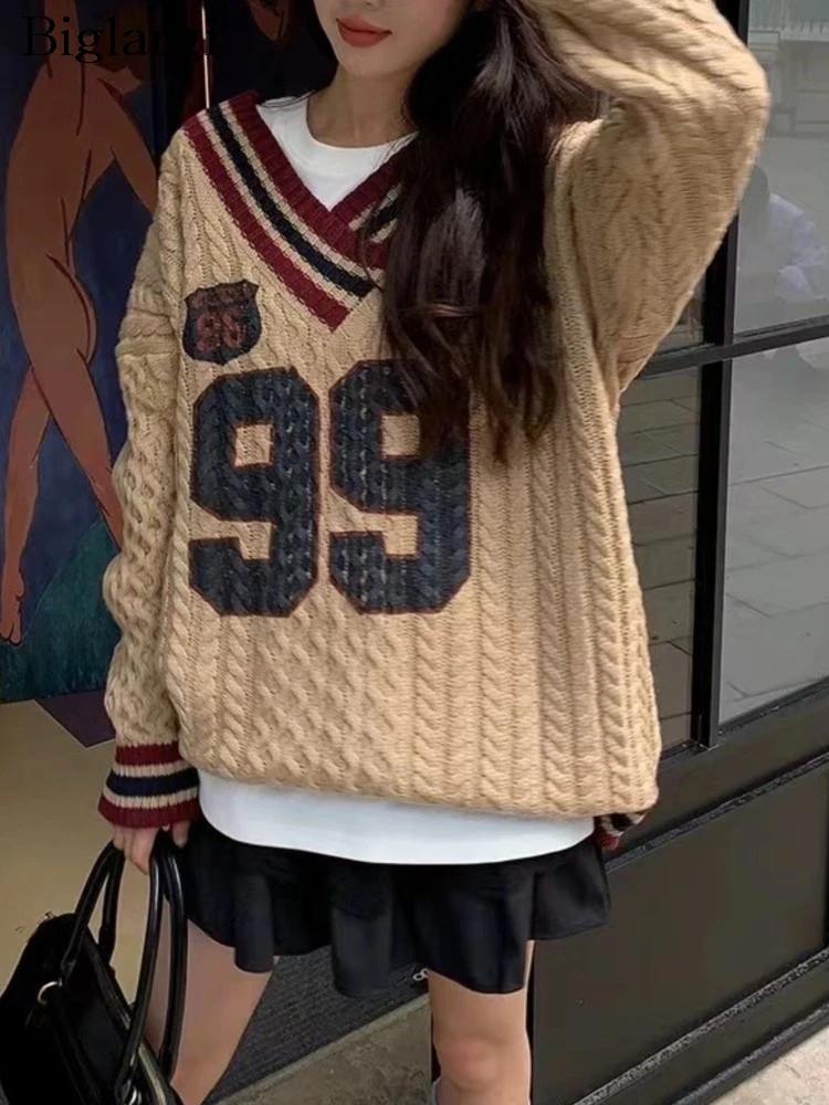 

Knitted Autumn V-Neck Korean Style Pullover Sweater Women Letter Striped Print Fashion Ladies Sweaters Loose Woman Sweater Tops