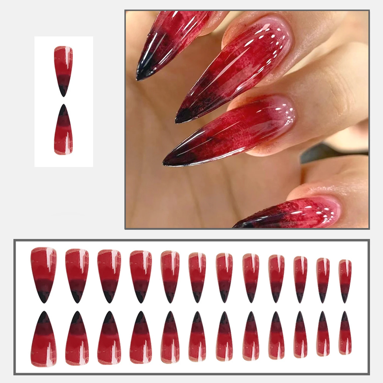 24szt Halloween Fałszywe Paznokcie Czarny Czerwony Gradient Fałszywe Paznokcie Spiczaste Tipsy Do Noszenia Długie Y2k Press On Nails Stiletto Dla