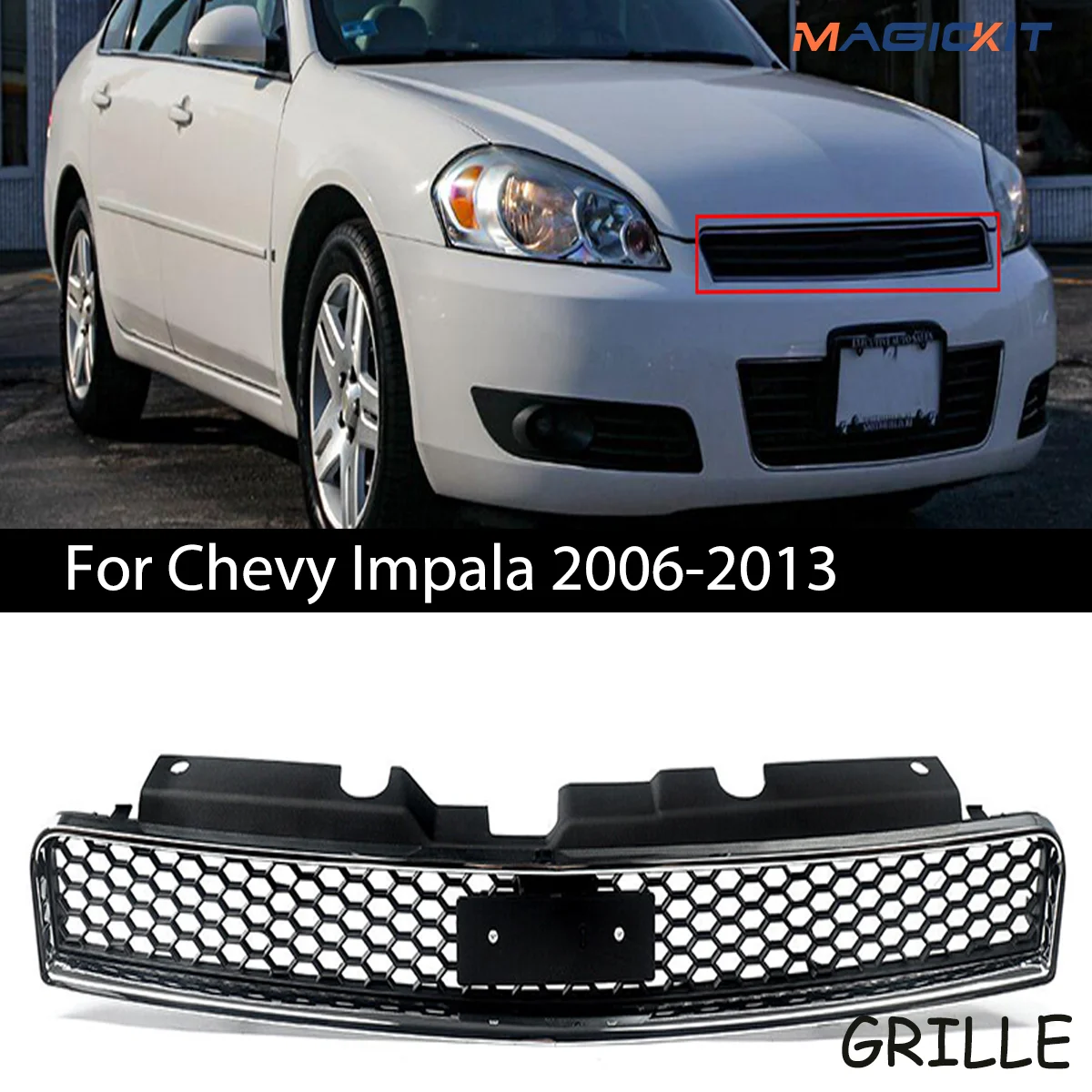 Honeycomb Chrome+Black Front Upper Grille Grill Cover For Chevrolet Impala 2006-2013 car accessoires