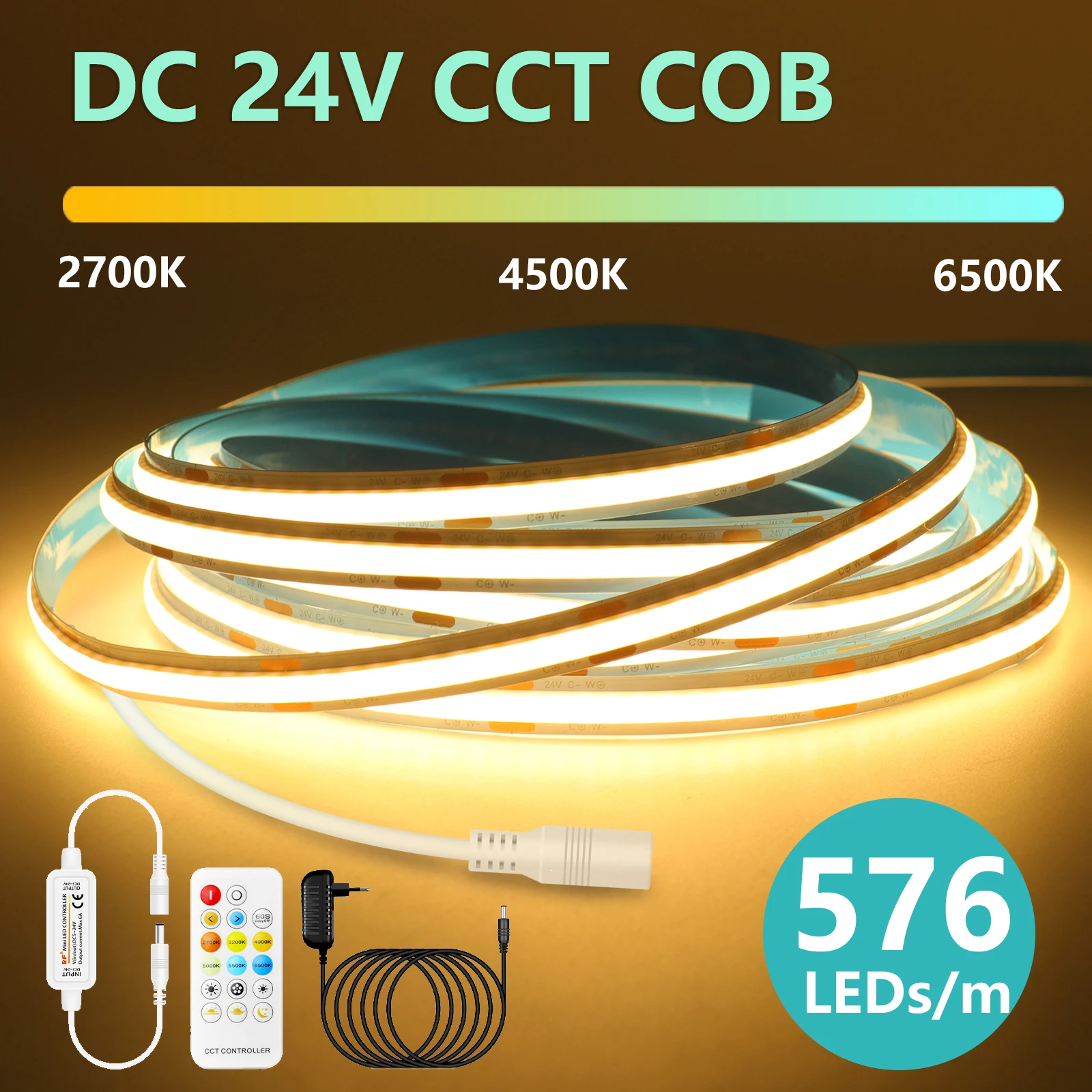CCT COB LED Strip 24V 576LEDs/m Flexible Ribbon WW NW CW 2700-6500K Dimmable Linear Lighting with Remote Control EU/US/UK/AU Set