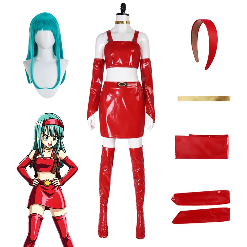 Bulma Disfraz Cosplay Conjunto de Piel Sintética PU Roja Brillante, Crop Top Minifalda, Brazaletes y Medias Hasta El Muslo, Peluca Vendida Separada Para Mujer Carnaval Comic Con Halloween Fiestas de Anime