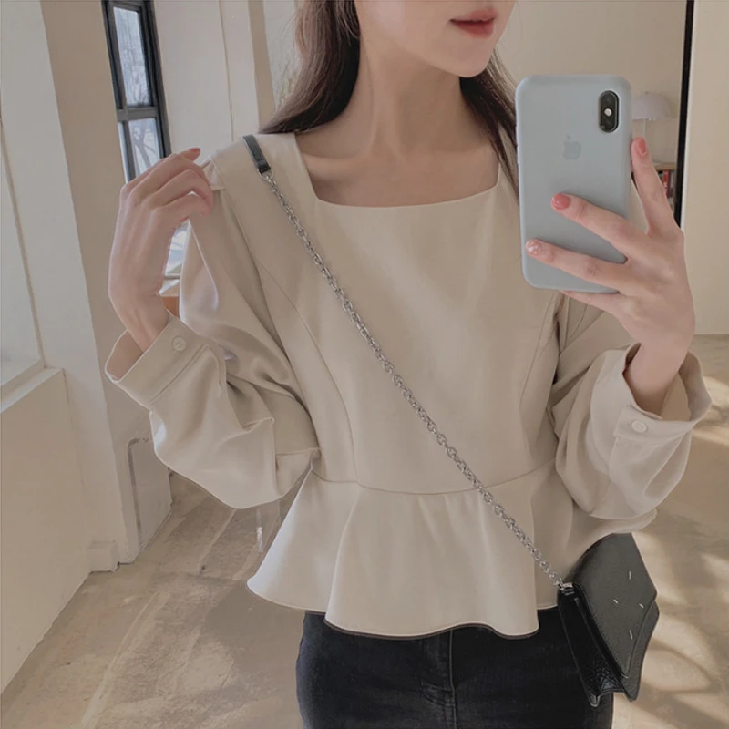 

Spring Summer Women's Retro Square Collar Shirt Temperament Frill Shirts Versatile Western Age-Reducing French Short Top