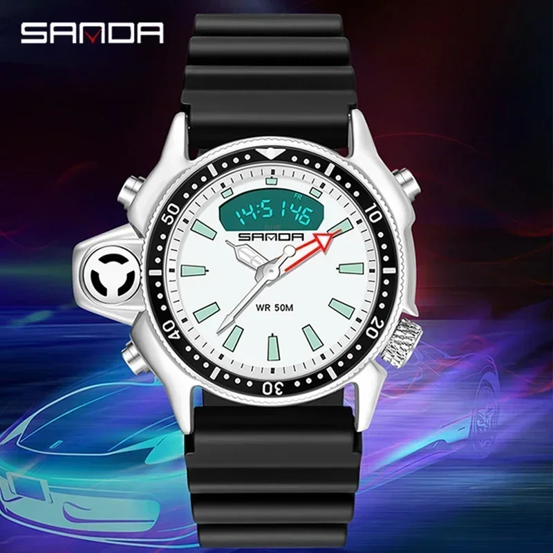 SANDA Men's Fashion LED Digital Quartz Watch Dual Display Outdoor Casual Sport Waterproof Military Wristwatch