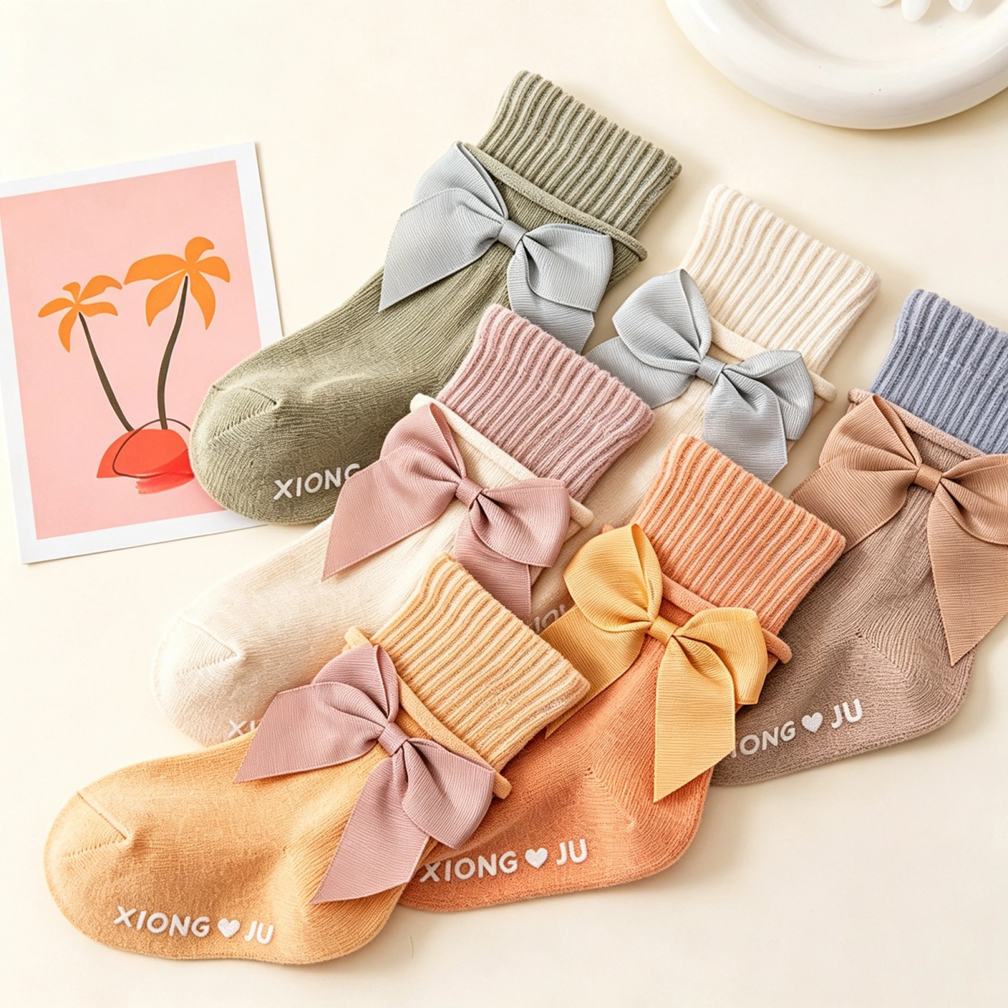 

Baby Girl Walking Socks with Grippers Cute Bow Decor Ribbed Cuffs Non Slip Mid-Calf Socks for Indoor