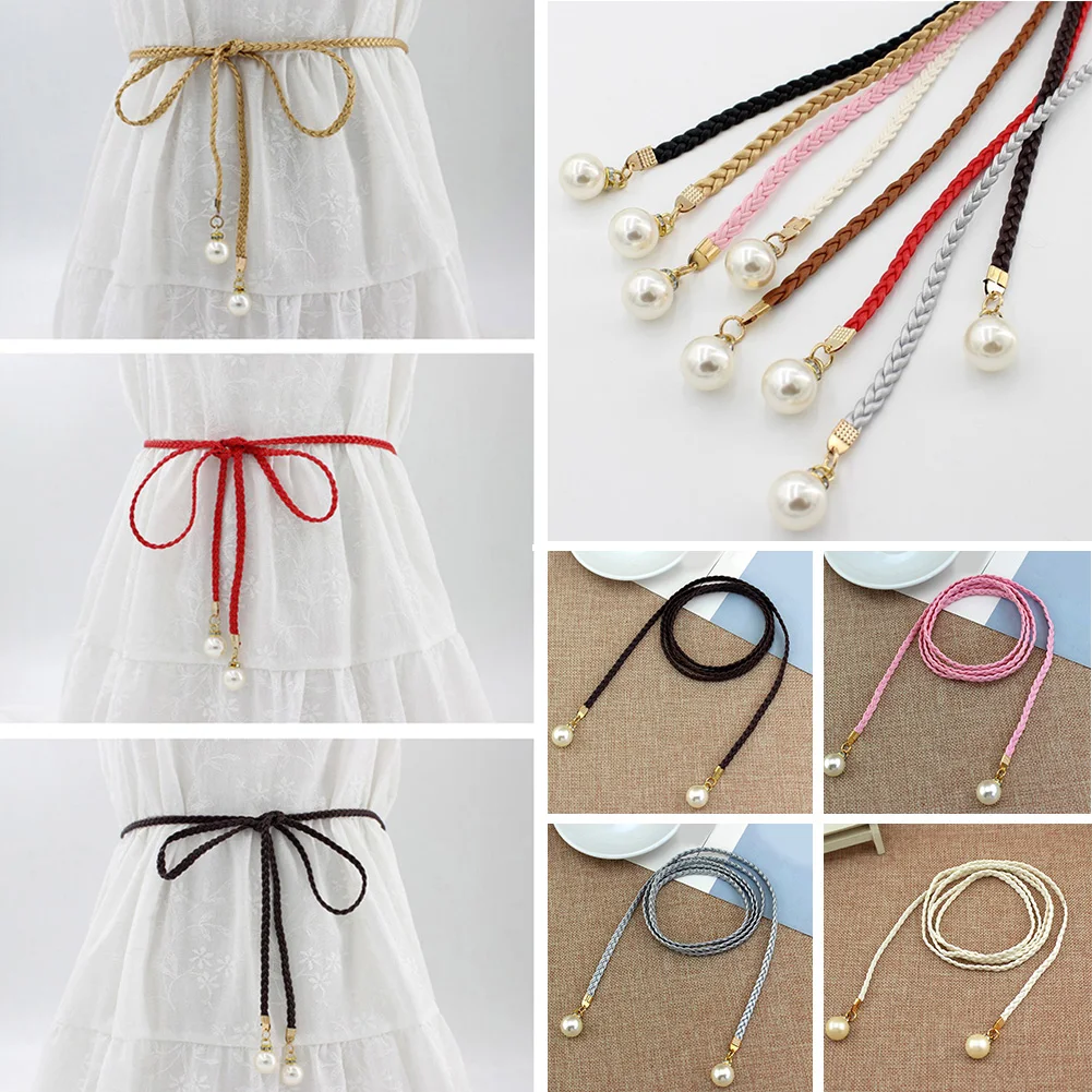 Women Hemp Rope Braided Waist Chain Big Pearl Dress Belt Candy Color Versatile Waist Belt Fashion Clothes Decoration Waistband