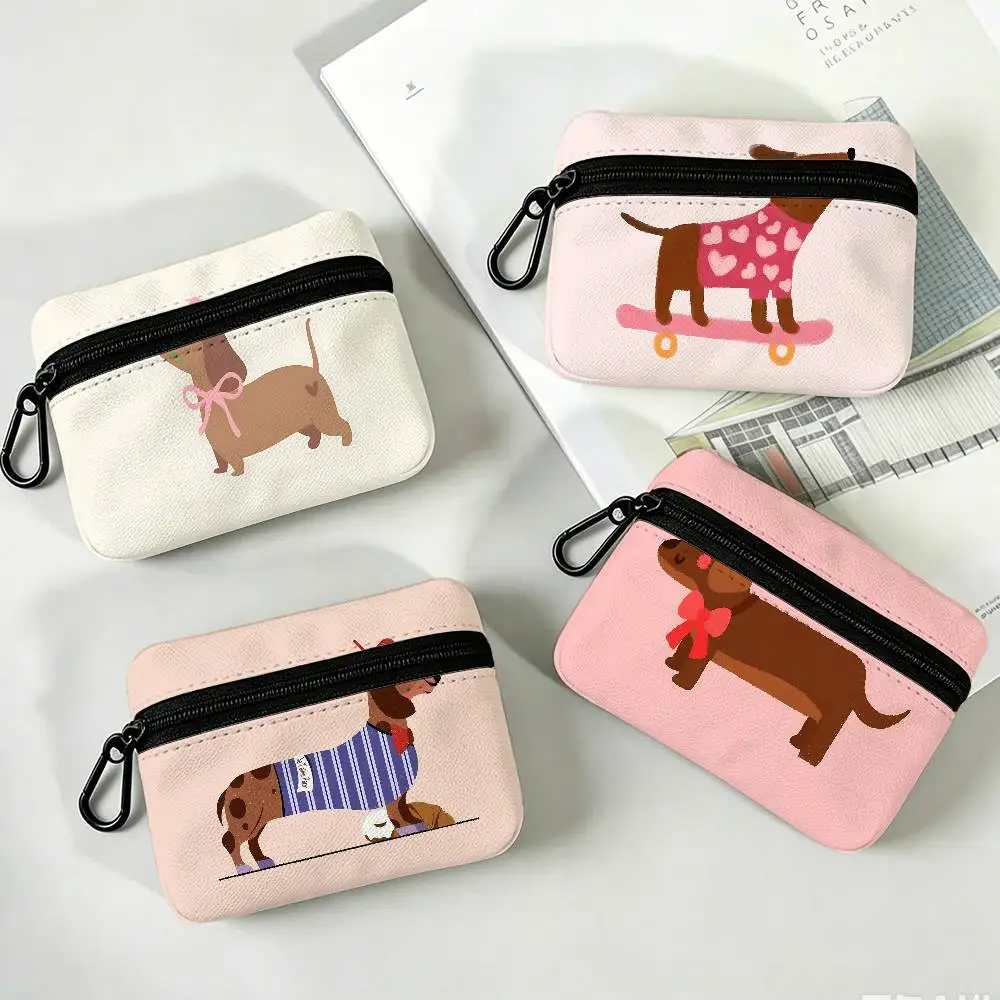 Dachshund puppy cute Compact Oxford Cloth Zipper Pouch Detachable Carabiner Mini Coin & Key Wallet