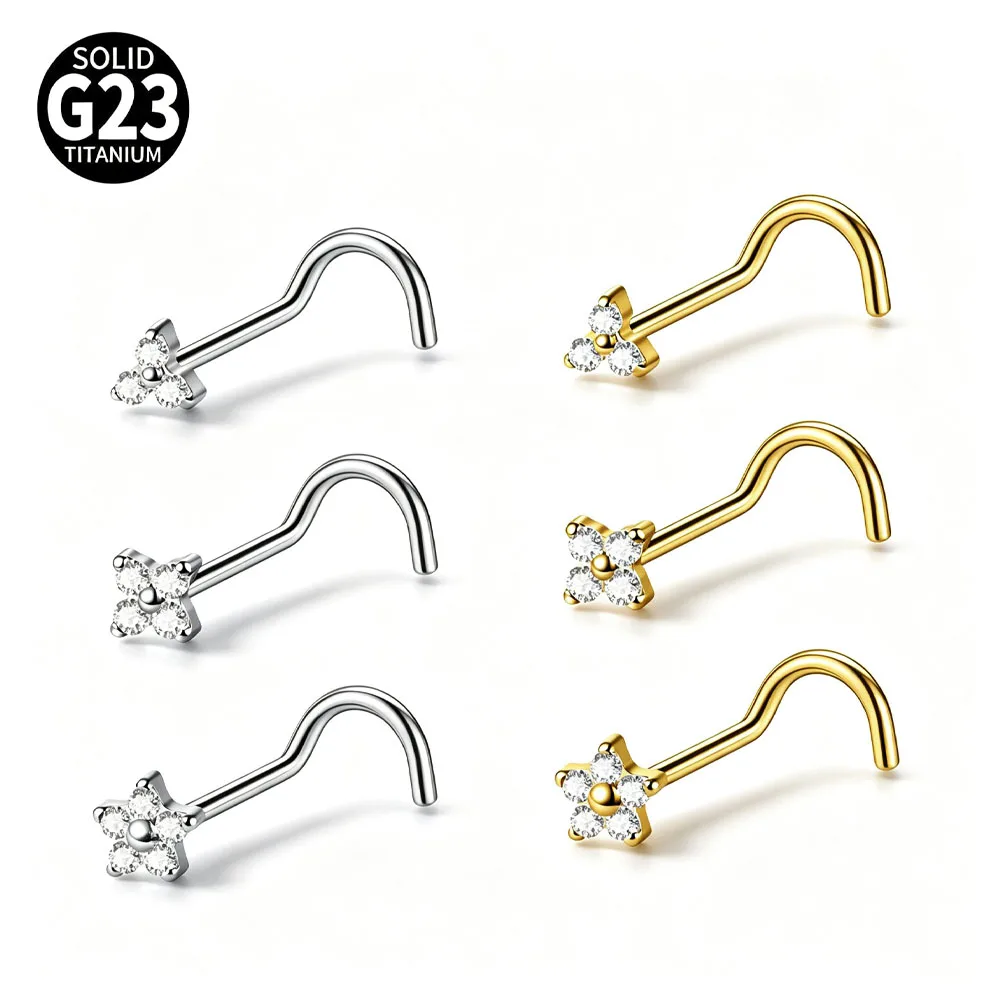 G23 Titanium Flower Zircon Nose Screw Stud Curved Hook Nose Ring Crystal Nostril Piercing Jewelry Fashion Body Piercing