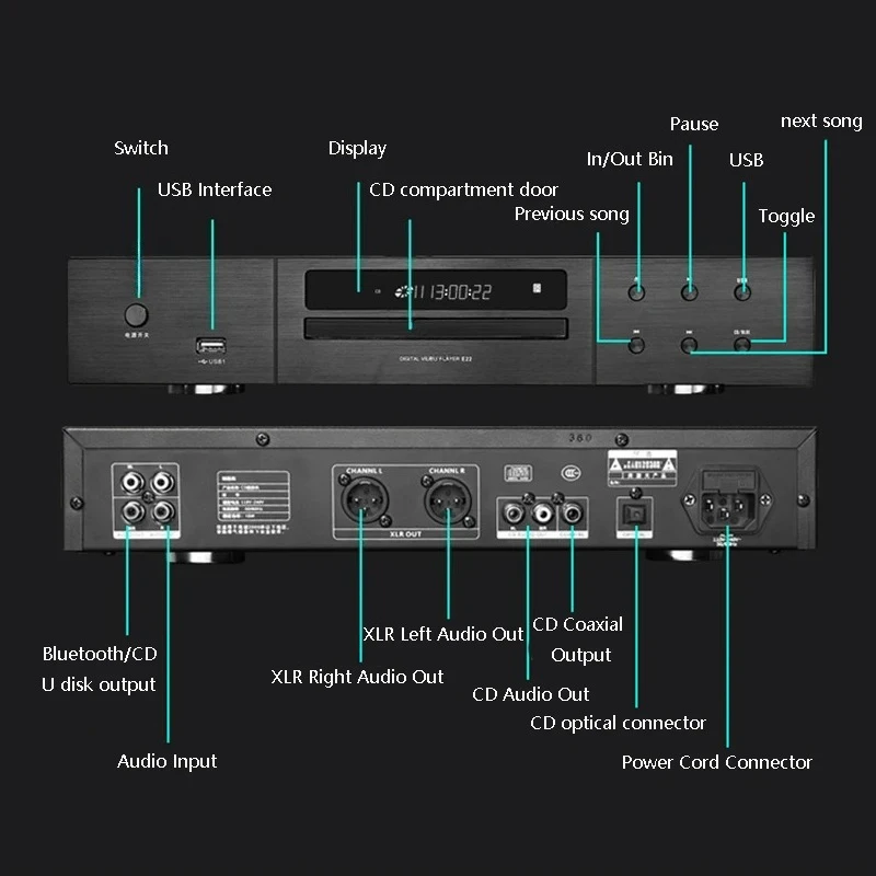Multi-function HIFI CD PlayerWireless Bluetooth 5.0 Support DTS Decoding CD Music PlayerDSP Sound EffectBuilt-in NE5532 Op Amp