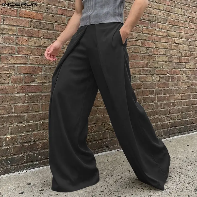 INCERUN Men Pants Solid Color Elastic Waist Joggers Casual Male Wide Leg Pants Streetwear Oversize 2026 Fashion Trousers Men view 2