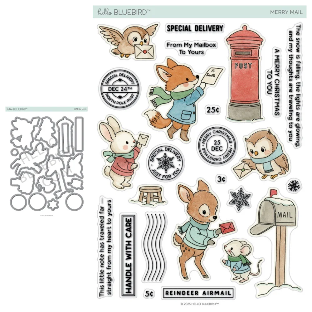 新しいハローブルーバードスタンプとダイ、郵便局広場シーンダイカット、そり遊びパーティー、メリーメールギフトタグ、ダイDIYスクラップブッキングカード