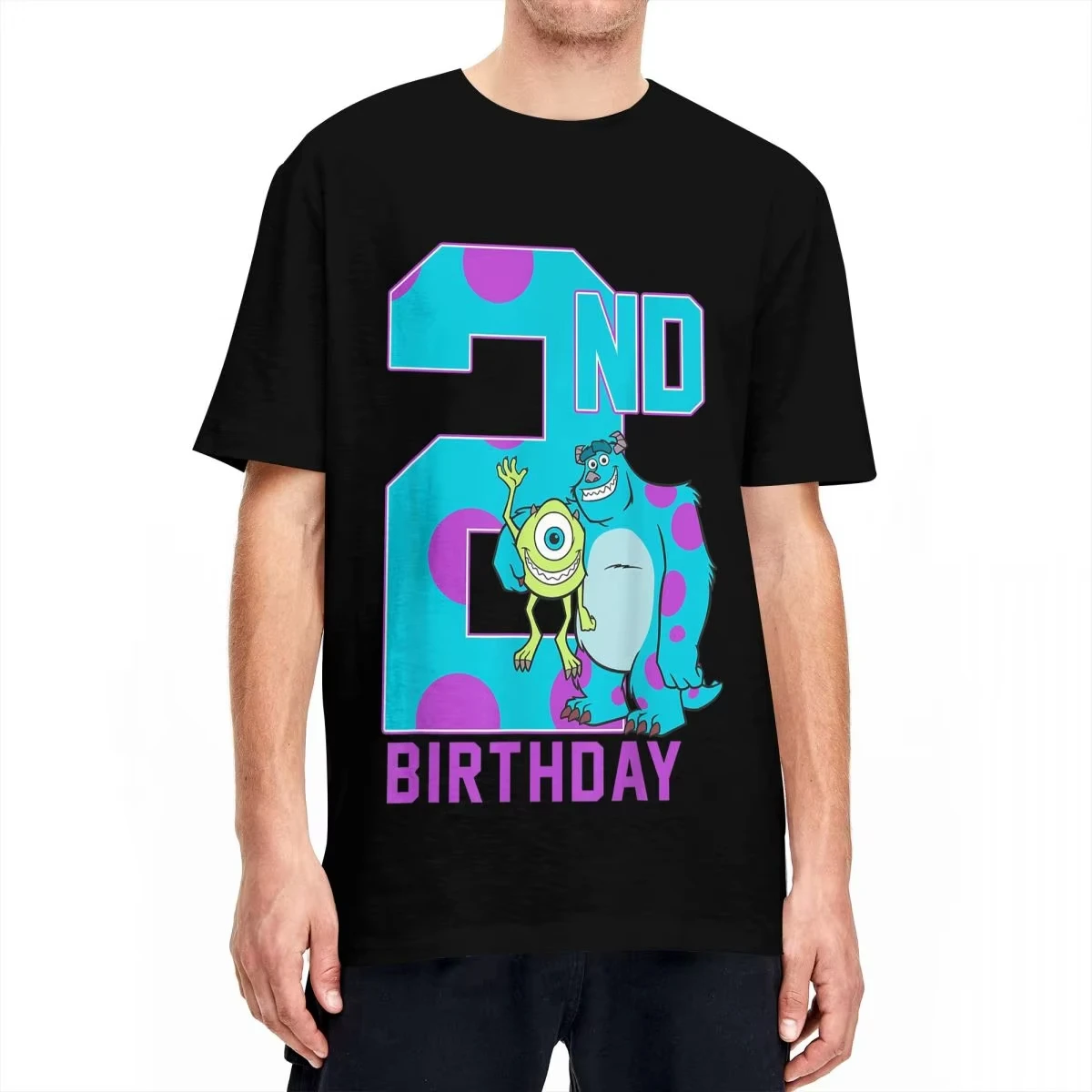 Camiseta de monstruos para hombre y mujer, camisa de manga corta 100% de algodón, con estampado de Mike & Sully, feliz 2 ° cumpleaños, recién llegado