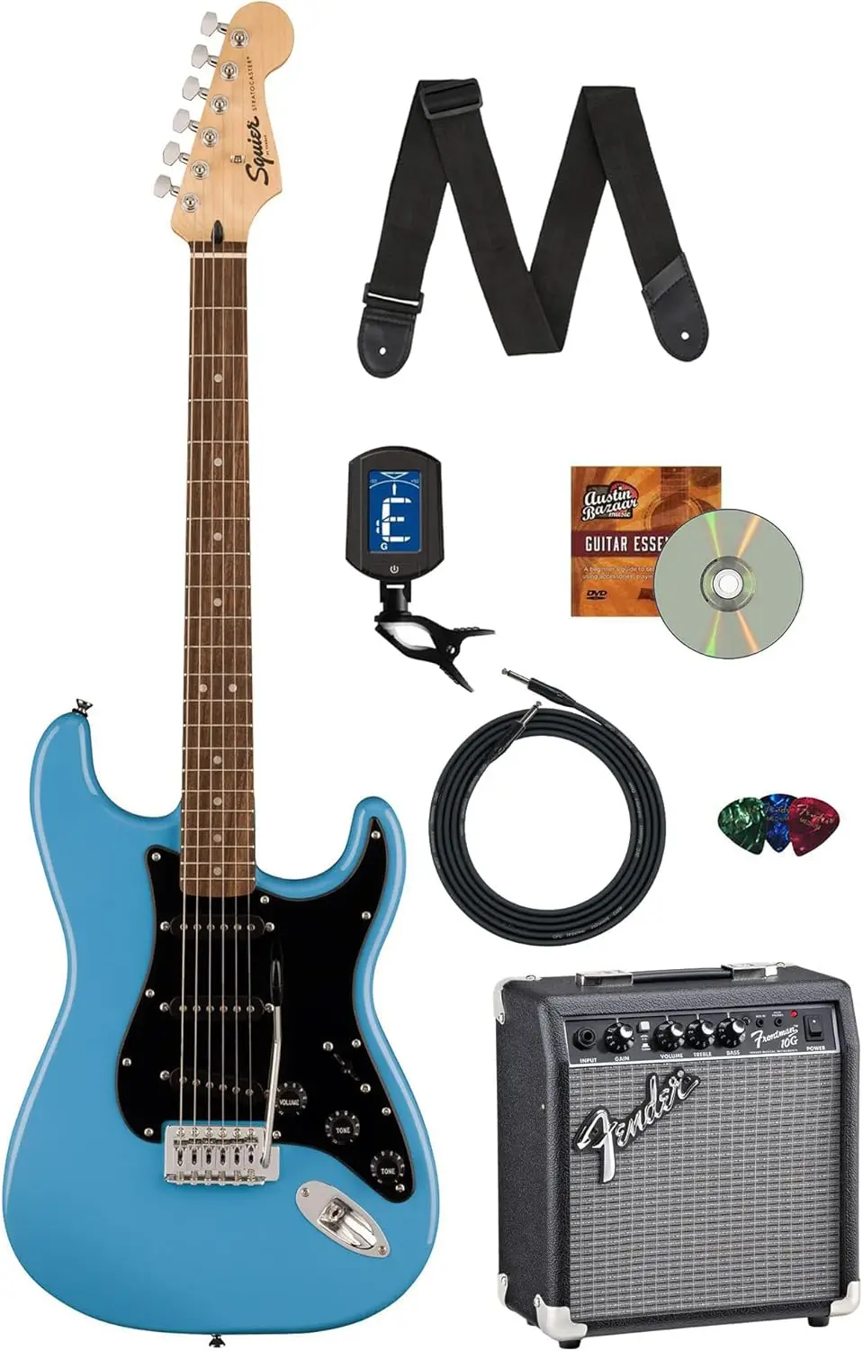 Squier Sonic Stratocaster - California Blue Bundle with Amp, Tuner, Strap, Cable, Picks, and Austin Bazaar Guitar DVD