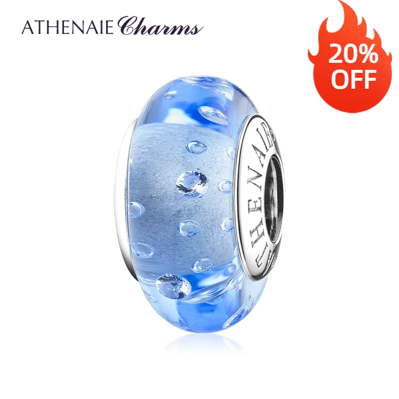 ATHENAIE New Murano Glass 925 Sterling Silver Fine Blue Sea Bubble Charms DIY CZ Bead for Original Charm Bracelet Jewelry making