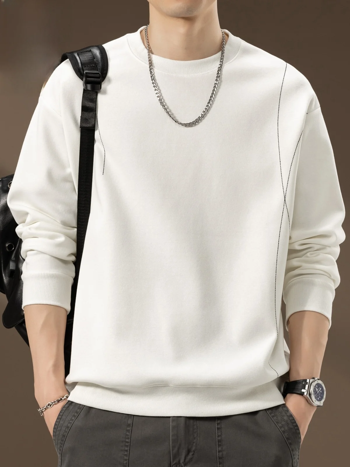 

Мужская толстовка с круглым вырезом и длинным рукавом, осенняя новинка, плотная базовая футболка, повседневная, свободного кроя, хлопок...