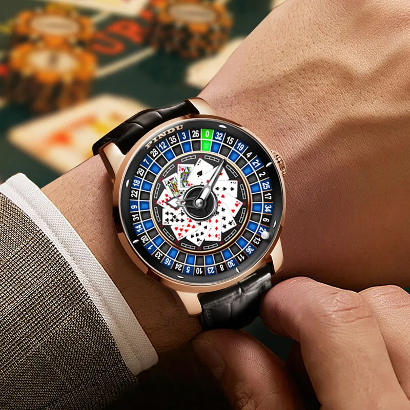 PINDU Watch NH35 Men Mechanical Watch Rotating Roulette Poker Theme Spades Luminous Personalized Pointer Automatic Watch