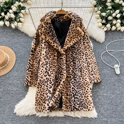 Elegant Notched Collar Vintage Long Sleeve Chic Leopard Print Loose Plush Fur Overcoat French High Street Autumn Winter Top