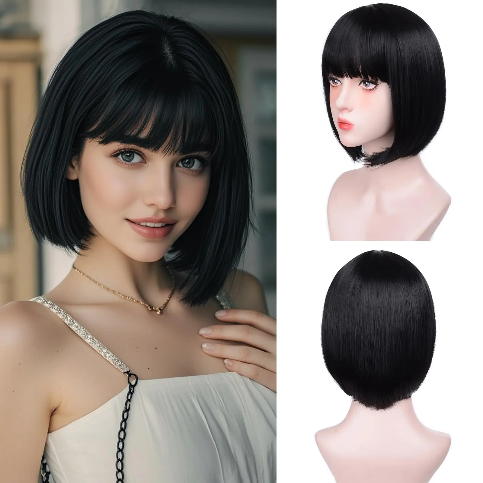 Best-selling black bob hairstyle synthetic wig for Halloween party cosplay role-playing or daily use. Hot wire wig headband.