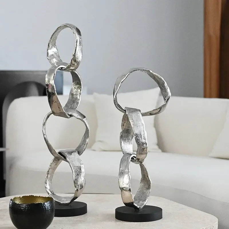 Modern Abstract Silver Ring Sculpture Creative Light Luxury Home Decor Ornament for Living Room Hotel Desktop Display Model
